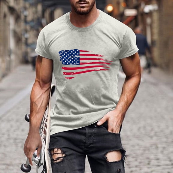 Elvqul Gray Shirts for Men American Flag Pullover Independence Day 4th of July Tee Shirts Stylish Travel Round Neck Mens Shirts Short Sleeve