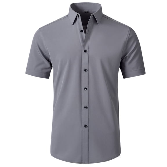 Elvqul Gray Shirts for Men Comfortable Button up Business T-Shirts Collared Plain Short Sleeve Shirts