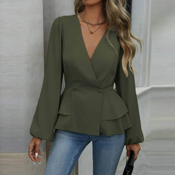Elvqul Green Shirts for Women Casual Blouses V Neck Long Sleeve Solid Color Ladies Tops Fall