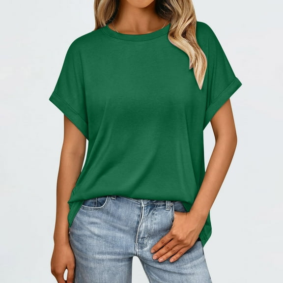 Elvqul Green T Shirts for Women 3/4 Sleeve Crewneck Tops Summer Trendy Womens Blouses Solid