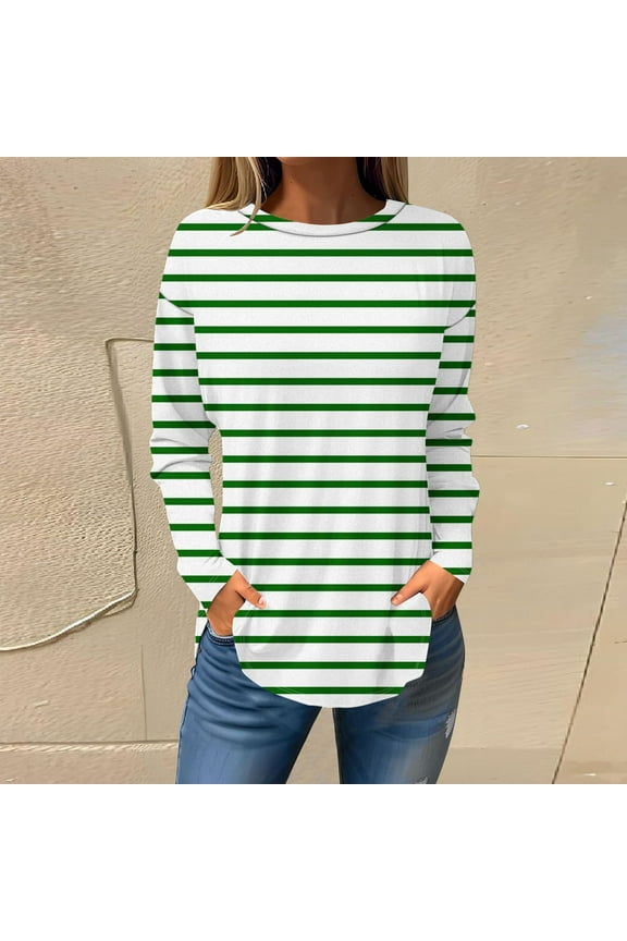 Green Tshirt for Women 2024 Long Sleeve Loose Striped Print Crew Neck Tops