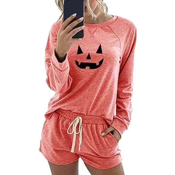 Elvqul Halloween Pajamas for Women Loungewear Fall Halloween Winter Long Sleeve Womens Pajamas Set