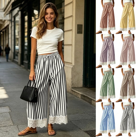 Elvqul High Waist Pants for Women Elastic Waist Flowy Trousers Palazzo Summer Fall Wide Leg Striped Pocket Womens Pants