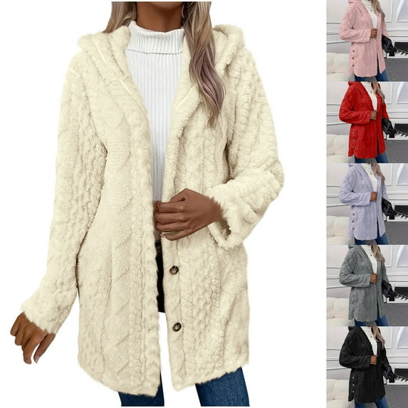 Elvqul Hooded Jackets for Women Warm Coats Long Sleeve Gray Solid Color Button Down Fleece Womens Jackets