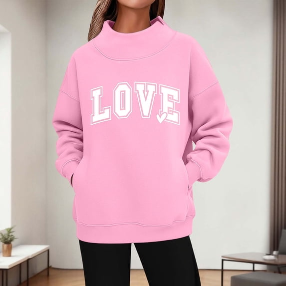 Elvqul Hoodies Sweatshirts for Women High Neck Pattern Sweatshirts Long Sleeve Fashion Fashionable Plus size Juniors Tops Dressy