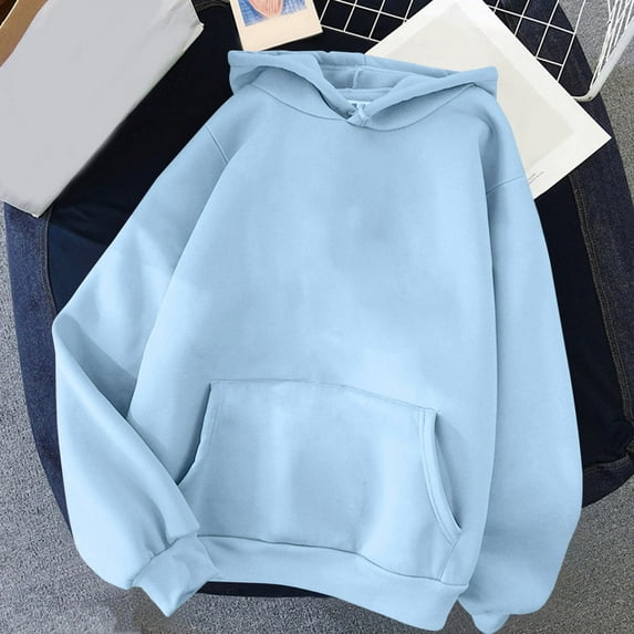 Elvqul Hoodies Women Under $5 Fleece Pullover Fall Sweatshirts Women Light Blue Solid Long Sleeve Hooded Shirts Tops