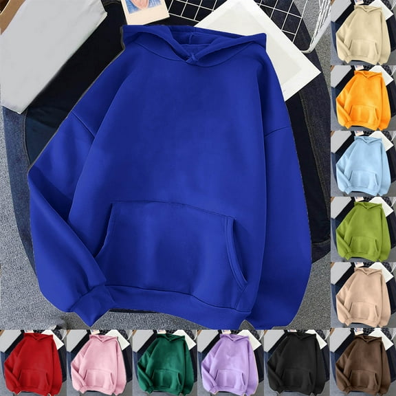 Elvqul Hoodies for Women Sweatshirts Women Hooded Blouse Comfy Solid Long Sleeve Pull on Sweater Blue Fall Shirts
