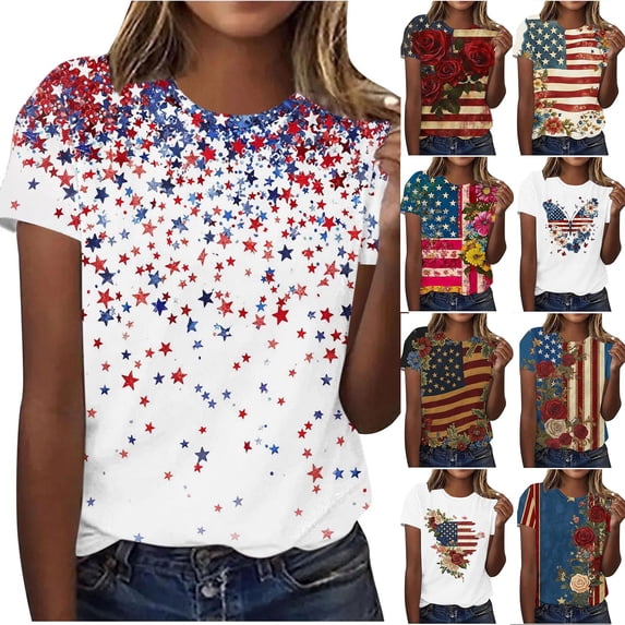Elvqul Independence Day Shirts for Women 4th of July Tops Patriotic 3/4 Sleeve American Flag Star Womens T Shirts