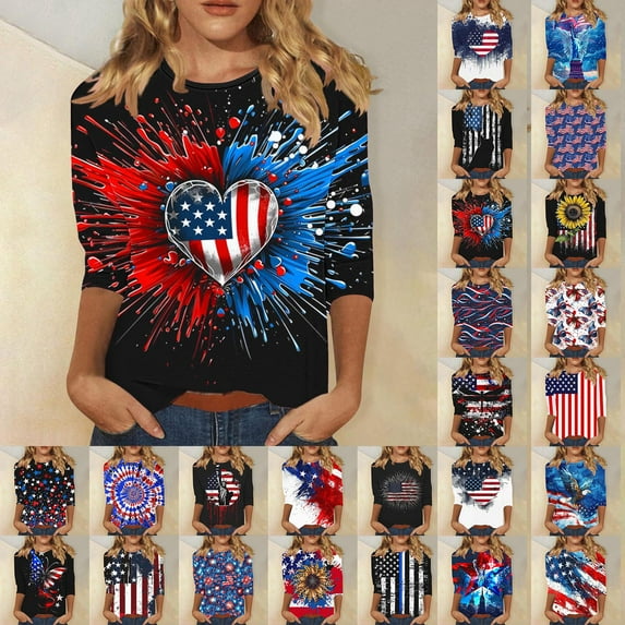 Elvqul Independence Day Tops for Women Patriotic American Flag Blouses 3/4 Sleeve Fourth of July Pullover Plus Size Womens T Shirts Round Neck