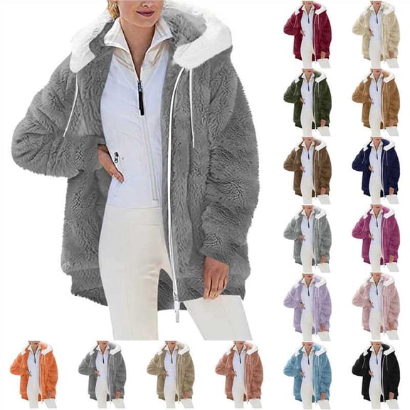 Elvqul Jacket for Women Outerwear Thick Fleece Hooded Sweaters with Pockets Juniors Coat Long Sleeve