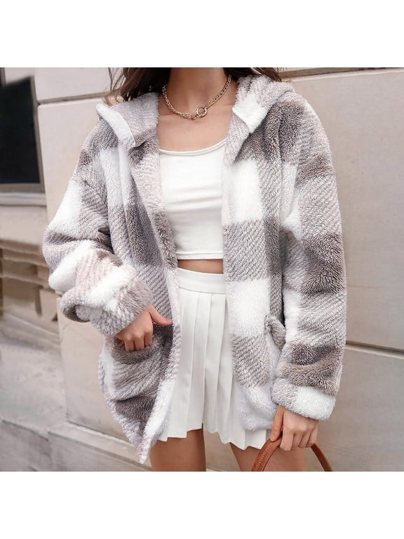 Jacket for Women Thick Outerwear Plaid Long Sleeve Sweaters Lined Juniors Coat Fleece