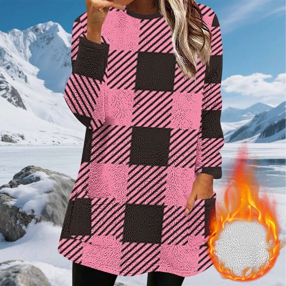 Elvqul Jacket for Women with Pockets Fuzzy Outerwear Long Sleeve Sweaters Plaid Casual Womens Coat Thermal