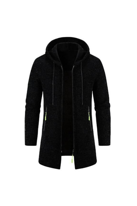 Jackets Men Peacoat Black Winter Fashion Big Zipper Jackets Hooded Solid Pockets Long Sleeve Coat Knit Shirts