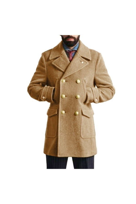 Jackets for Men Solid Peacoat Collared Winter Button Jackets Double Breasted Pockets Shirts