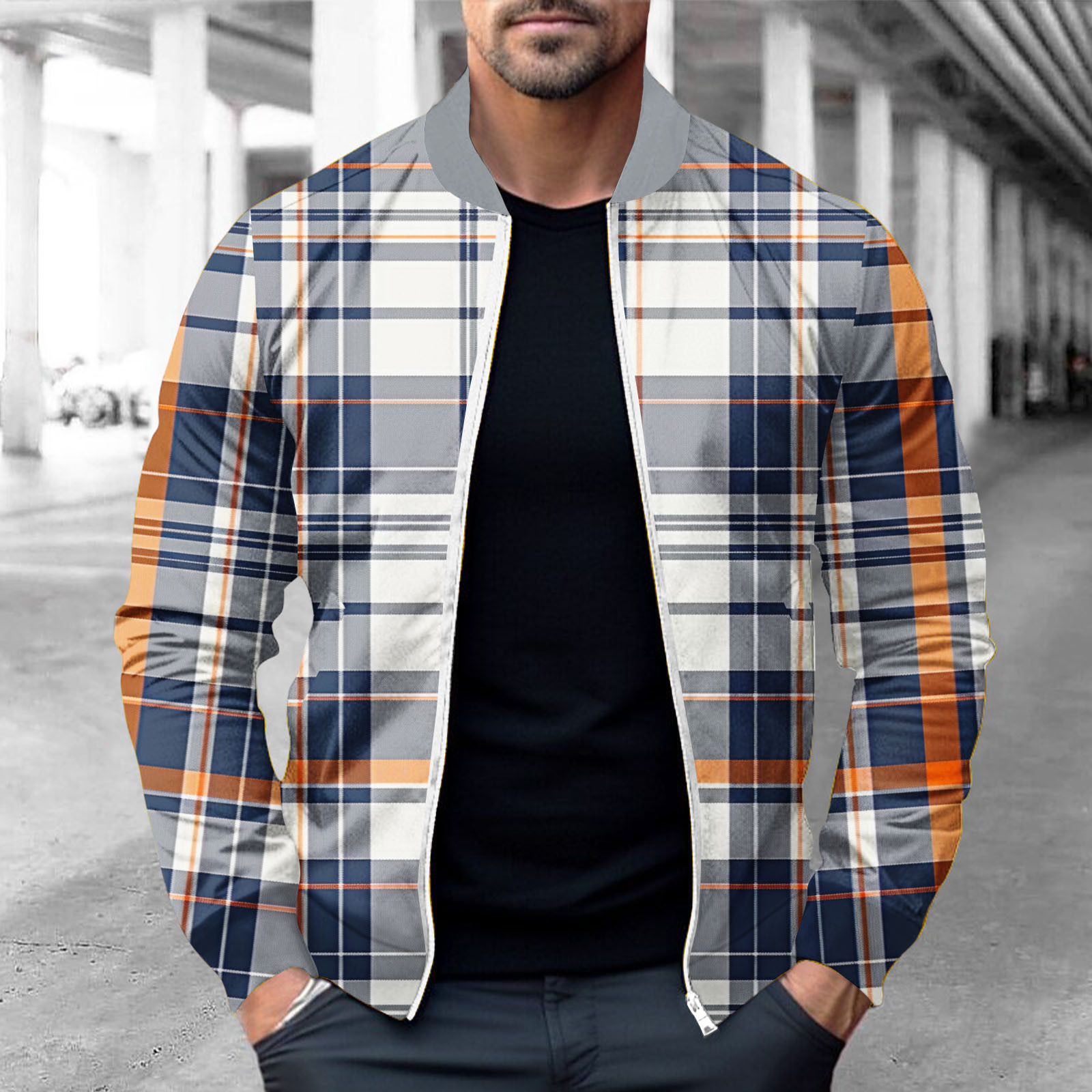 Elvqul Jackets for Men White Plaid Coat Zip up Winter Big and Tall Long