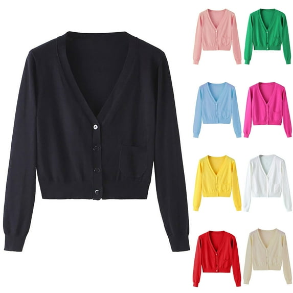 Elvqul Knit Cardigan for Women Button Down Plus Size Sweaters Solid Color Black Long Sleeve Lightweight Casual Juniors Coats