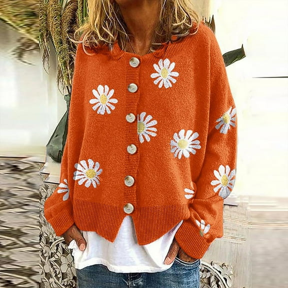 Elvqul Knit Cardigans Women Orange Trendy Womens Sweater Long Sleeve Daisy Coat Cotton Wear Button up Blouses