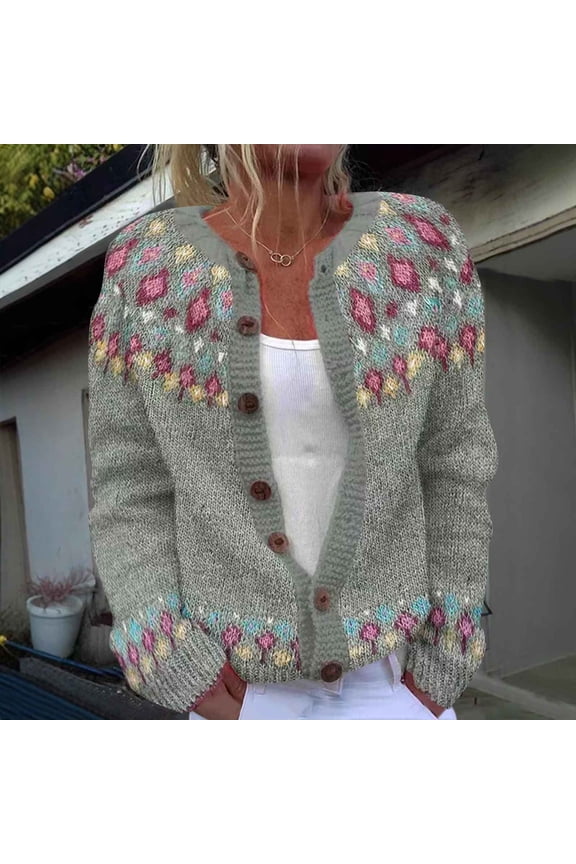 Knit Sweaters for Women Gray Printed Cardigan Button Down Plus Size Crewneck Ladies Sweater Tops Winter