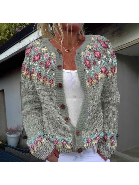 Knit Sweaters for Women Gray Printed Cardigan Button Down Plus Size Crewneck Ladies Sweater Tops Winter