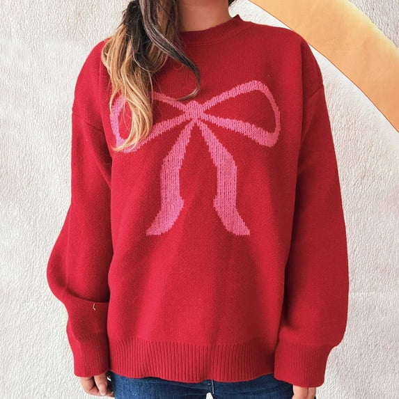 Royisotas Knit Sweaters for Women Outerwear Warm Printed Crewneck Womens Sweater Tops Red