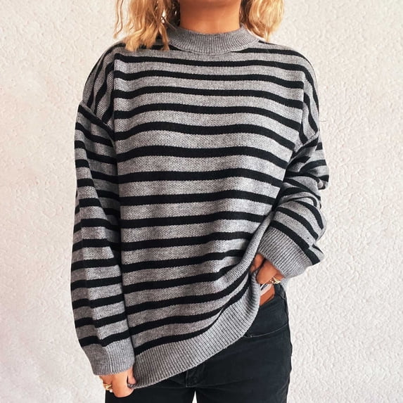 Hipattires Knit Sweaters for Women Sweaters Regular Pullover Comfy Long Sleeve Tops Striped Thick Warm Trendy Womens Blouse Winter