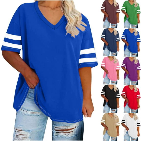 Elvqul Ladies Tops V-Neck Blue Short Sleeve T-Shirts for Women 3x Oversized Solid Tops