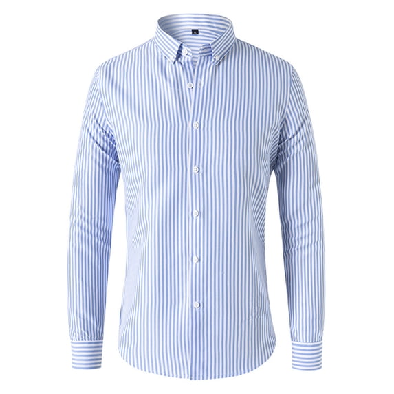 Elvqul Light Blue Shirts for Men Big and Tall Button up Long Sleeve Dress Shirts Comfort Round Neck Outwear Striped Work Ladies Shirts