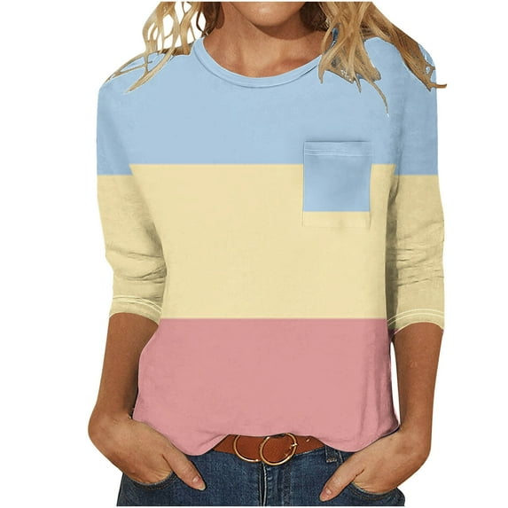 Elvqul Light Blue Womens Dressy Tops Crew Neck 3/4 Sleeve T-Shirt for Women Trendy Loose Print Fashion Casual Tops