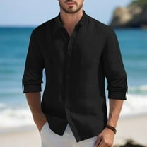 Elvqul Lightweight Shirts for Men Loose Long Sleeve Casual Big and Tall Cotton Linen Button down Plain Lapel Black Shirts