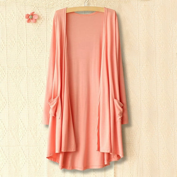 Elvqul Long Cardigans for Women Pink Lightweight Plus Size Solid Sweater Women Long Sleeve Comfort Cotton Streetwear Ladies Coat Tops