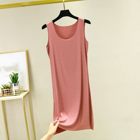 Elvqul Long Night Shirts Pajamas Plus Size Ladies Soft Cotton Dress Plain Sleeveless Night Shirts for Women Red