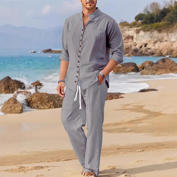 Elvqul Long Sleeve 2 Piece Set for Men 2 Piece Outfits Button Up Pockets V Neck Mens Top and Pants Solid