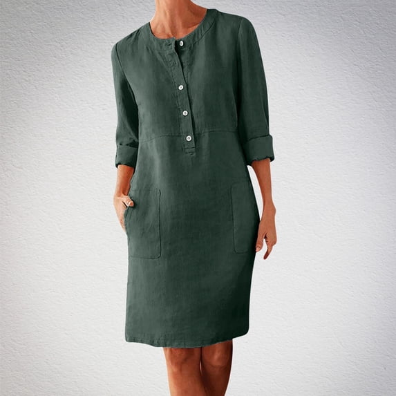 Elvqul Long Sleeve Dresses for Women Midi Solid Color Green Summer Round Neck Button with Pockets Holiday Holiday Dresses