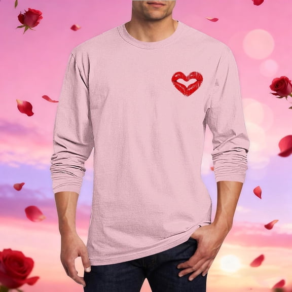 Elvqul Long Sleeve Shirts for Men Pink Mens Printed Pullover Tops Valentine's Day Soft Crewneck T-Shirt