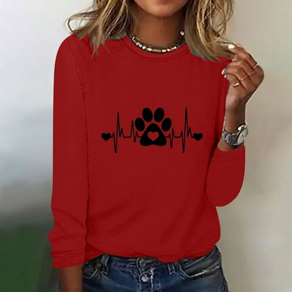 Elvqul Long Sleeve Shirts for Women Round Neck Tops Winter Lightweight Pullover Casual Womens Shirts Dog Paw Print