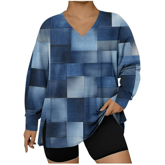 Elvqul Long Sleeve Shirts for Women Print Tops Causal Plus Size V-Neck Winter Womens Shirts Pullover