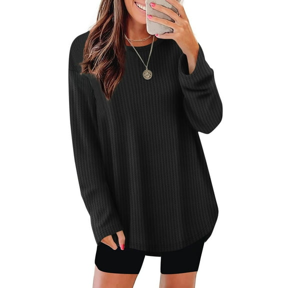 Elvqul Long Sleeve Shirts for Women Waist Cinching Tops Round Neck Knit Temperament Womens Shirts