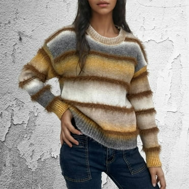Elvqul Long Sleeve Sweaters for Women Casual Round Collar Pullover Knitwear Trendy Soft Brown Womens Tops Striped