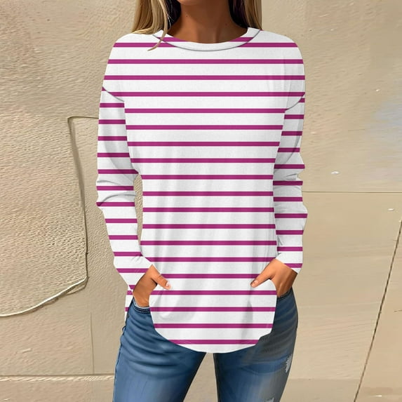 Elvqul Long Sleeve Womens Tops Dressy Casual Hot Pink Ladies T Shirts Loose Striped Print Crew Neck Tops