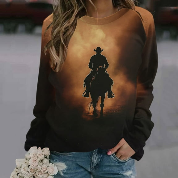 Elvqul Long Sleeve Womens Tshirts Comfortable Fashion Tops Western Cowboy Print Sweatshirts Blouses Under $10 Multicolor Ladies Pullover Crew Neck Tshirts