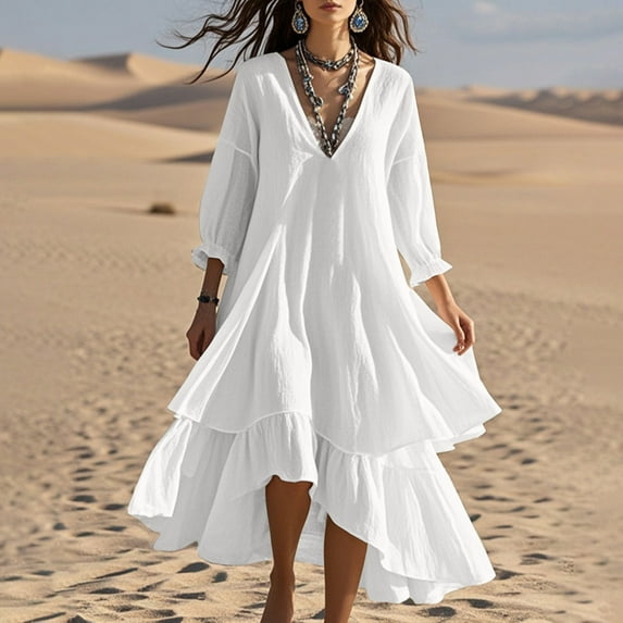 Elvqul Loose Dresses for Women Plus Size Dress White Winter Solid Color V Neck Long Sleeve Ladies Maxi Dresses
