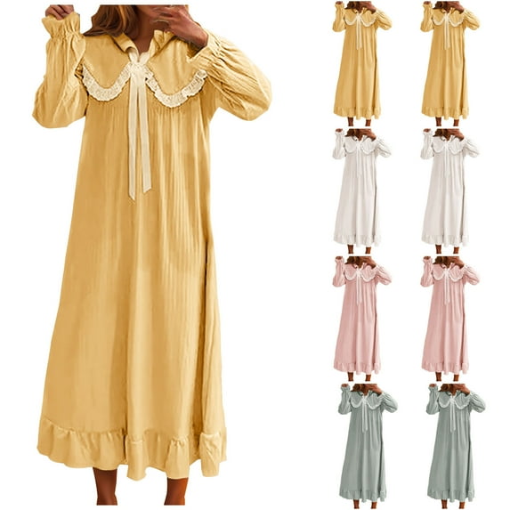 Elvqul Loose Nightgowns for Women Long Sleepwear Long Sleeve Casual Thick Flannel Plain Yellow Womens Nightdress Crew Neck