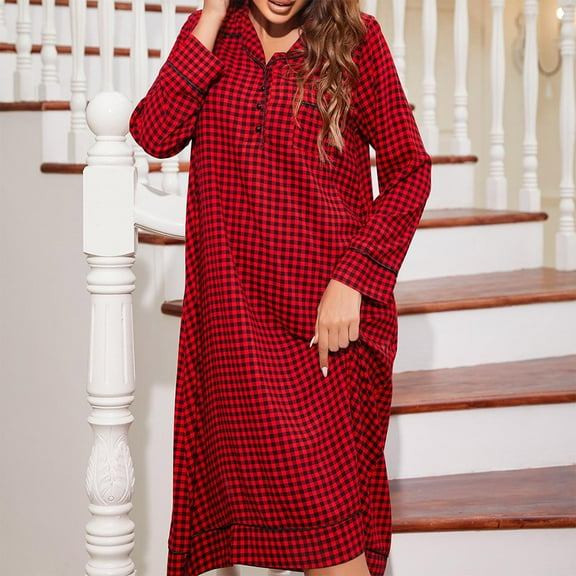 Elvqul Loose Nightgowns for Women Plus Size Red Sleep Shirts with Pockets Comfortable Winter Print V Neck Womens Nightdress Long Sleeve