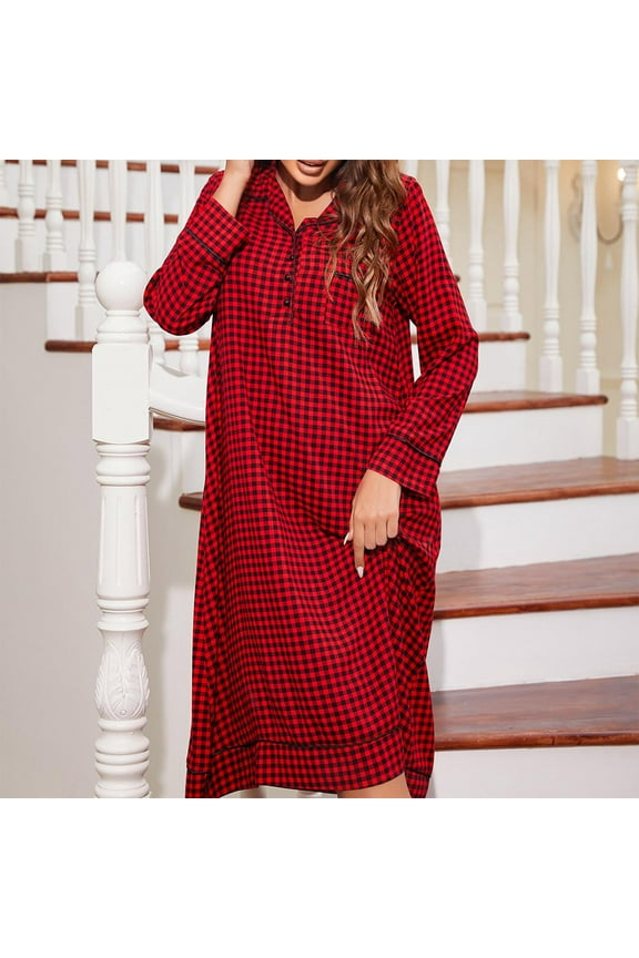 Loose Nightgowns for Women Plus Size Red Sleep Shirts with Pockets Comfortable Winter Print V Neck Womens Nightdress Long Sleeve