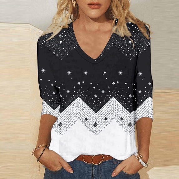 Elvqul Blouses for Women Shirts Pullover 3/4 Sleeve Lightweight V Neck Relaxed Fit Casual Womens Blouses