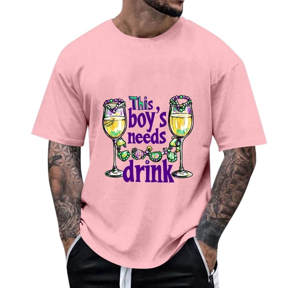 Elvqul Loose T-Shirt for Men Short Sleeve Pullover Mens Shirts Plus Size Printed Crew Neck Tee Carnival Pink