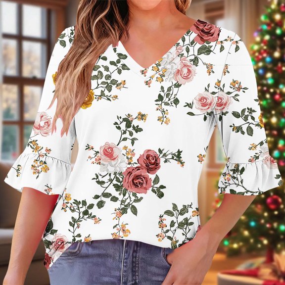 Elvqul Loose Tops for Women V-Neck Blouses Pullover Floral Print 3/4 Sleeve Cold Weather Ladies Tops Casual