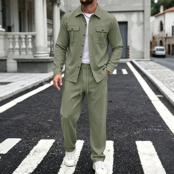 Elvqul Men's Long Sleeve Shirt and Pants Set with Button Detail & Drawstring Closure, Linen-Blend