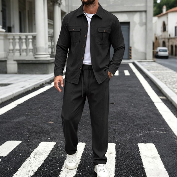 Elvqul Men's Long Sleeve Shirt and Pants Set with Button Detail & Drawstring Closure, Linen-Blend