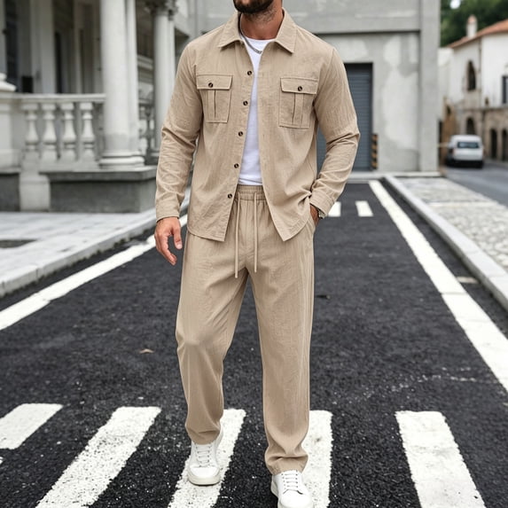 Elvqul Men's Long Sleeve Shirt and Pants Set with Button Detail & Drawstring Closure, Linen-Blend